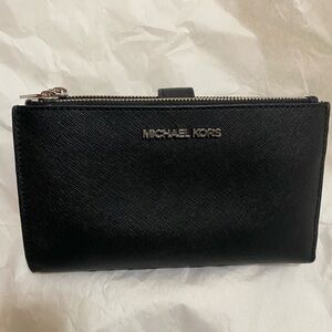 Michael Kors Black Saffiano Leather Zip Wallet with Silver Logo